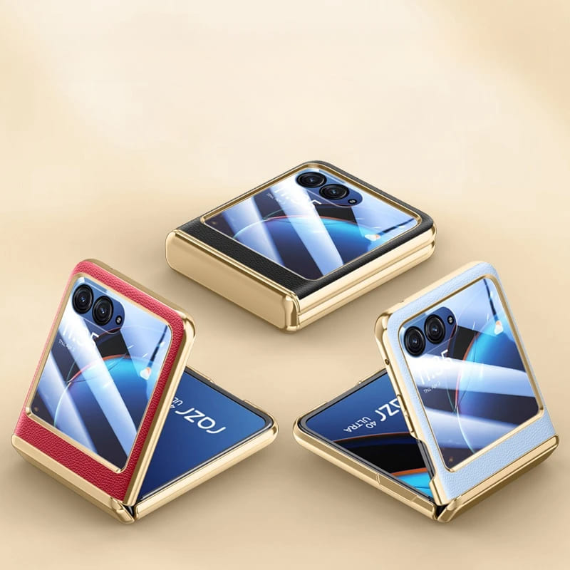 Faux Leather Protective Case for Foldable Smartphone with Tempered Glass, Chrome Finish and Full Protection | Sansoti