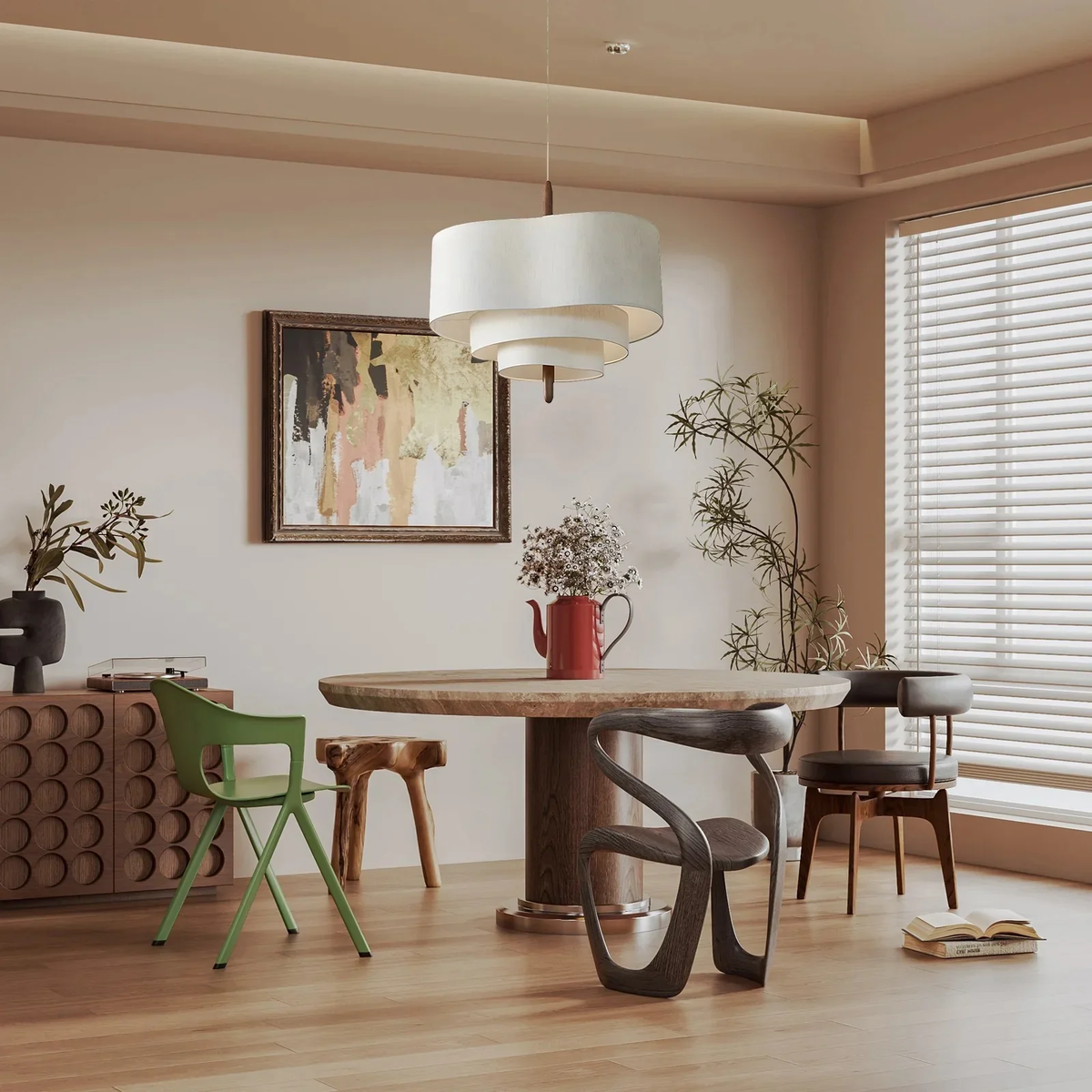 Fabric pendant lamp for living room & dining table | Designer ceiling lamp in Japandi style