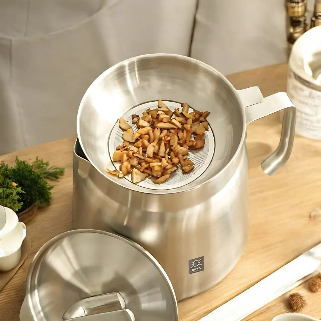 Friteuse en acier inoxydable avec filtre intégré pour réutilisation de l'huile, tamis 2-en-1 pour friture en cuisine | Sansoti
