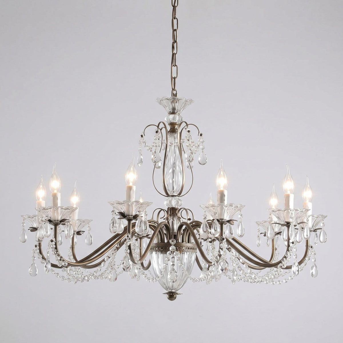 Lustre en cristal avec abat-jour en verre, fer doré, candélabre réglable et à intensité variable, moderne, pour salle à manger et salon | Sansoti