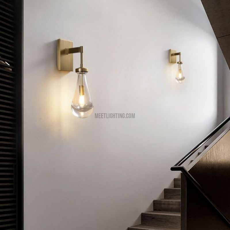 Wandleuchte mit Glastropfen, Messingrahmen, handgeblasenes Glas, Eingangsbereich, Schlafzimmer, Esszimmer, Leuchte | Sansoti