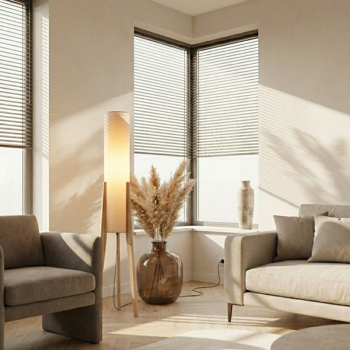 Stehende Bodenlampe aus Walnussholz mit Leinenschirm und LED-Beleuchtung für ein stimmungsvolles Wohn- und Schlafzimmer | Sansoti