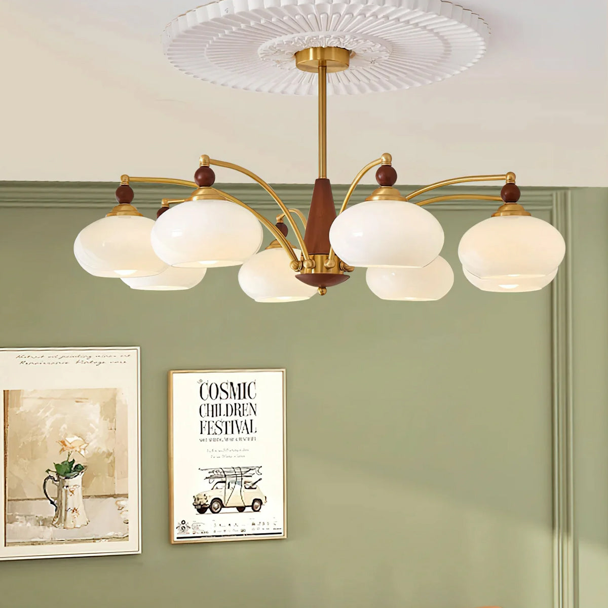Lustre rétro Calliope – Suspension métallique avec abat-jours en verre – 3, 5 ou 8 points lumineux – Design classique vintage pour salle à manger et salon | Sansoti