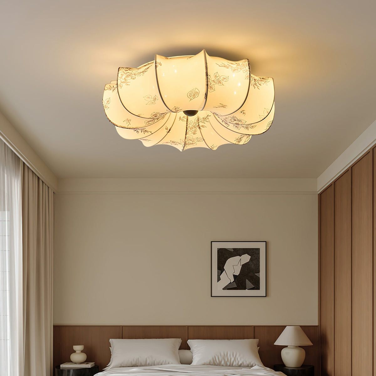 Fabric Ceiling Lamp with Floral Pattern Natural Atmosphere Lighting Scandinavian Design Living and Bedroom Lighting | Sansoti
