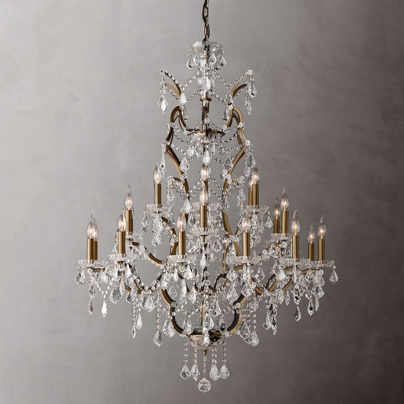 Round Iron and Crystal Chandelier, 102cm, Antique Brass, Rust Brown, 25 Lights, Dimmable, Dining Room and Living Room | Sansoti