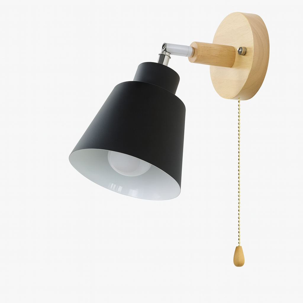 Wall Lamp Metal Wood Pull Switch 180° Rotatable E27 Reading Lamp Bedroom | Sansoti