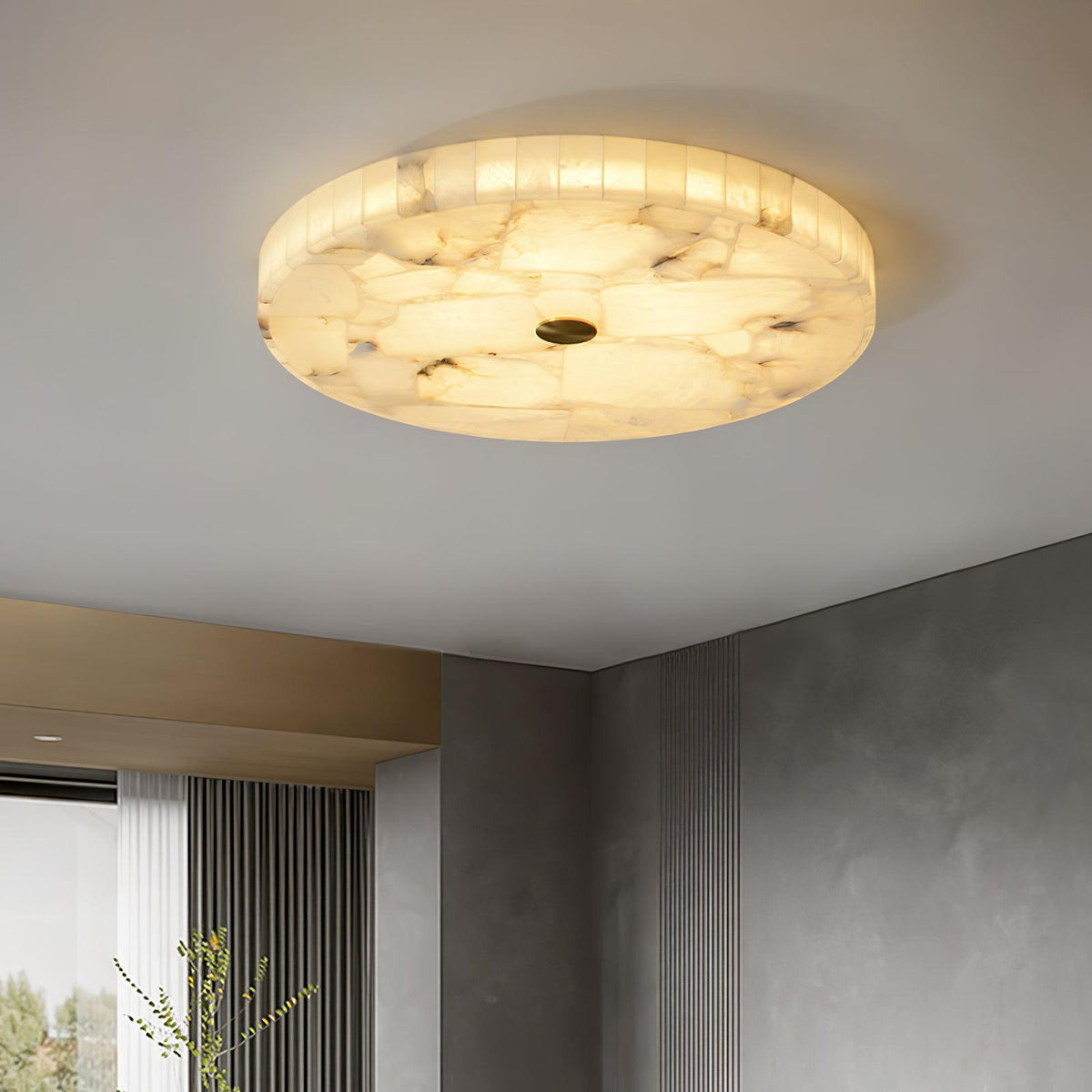 Round alabaster mosaic ceiling lamp ø40cm natural stone dimmable integrated LED warm white 3000K ceiling lighting Scandinavian design living room bedroom dining room entryway recessed lamp | Sansoti