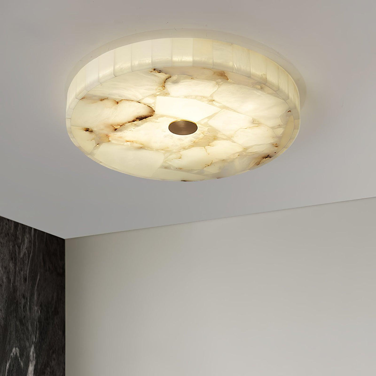 Round alabaster mosaic ceiling lamp ø40cm natural stone dimmable integrated LED warm white 3000K ceiling lighting Scandinavian design living room bedroom dining room entryway recessed lamp | Sansoti