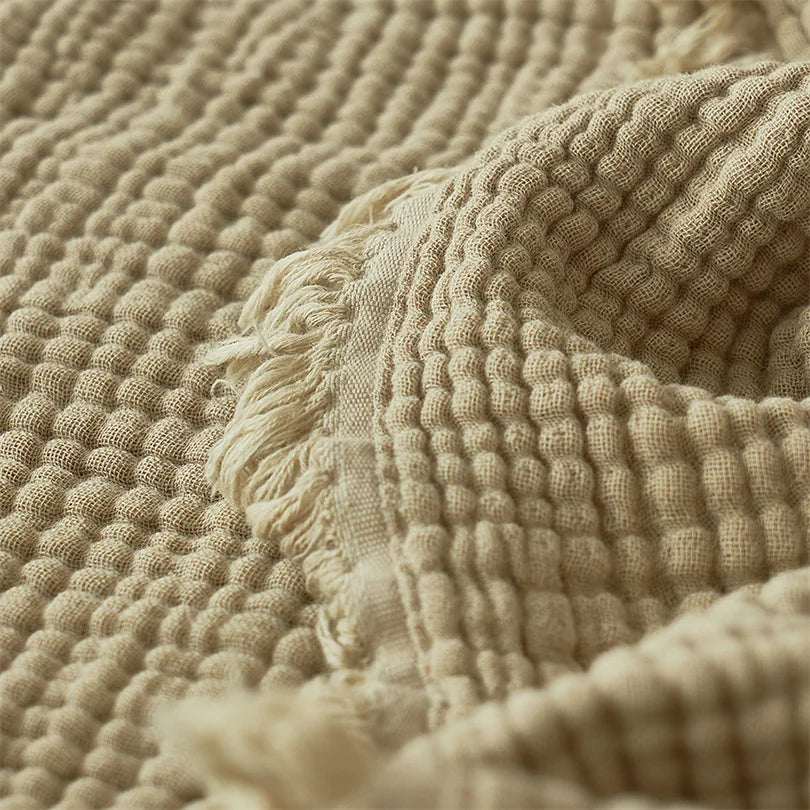 Manta de algodón de 6 capas, suave y transpirable, con flecos, tejida, para cama o sofá, ligera, ideal para el verano, en beige mejillón | Sansoti