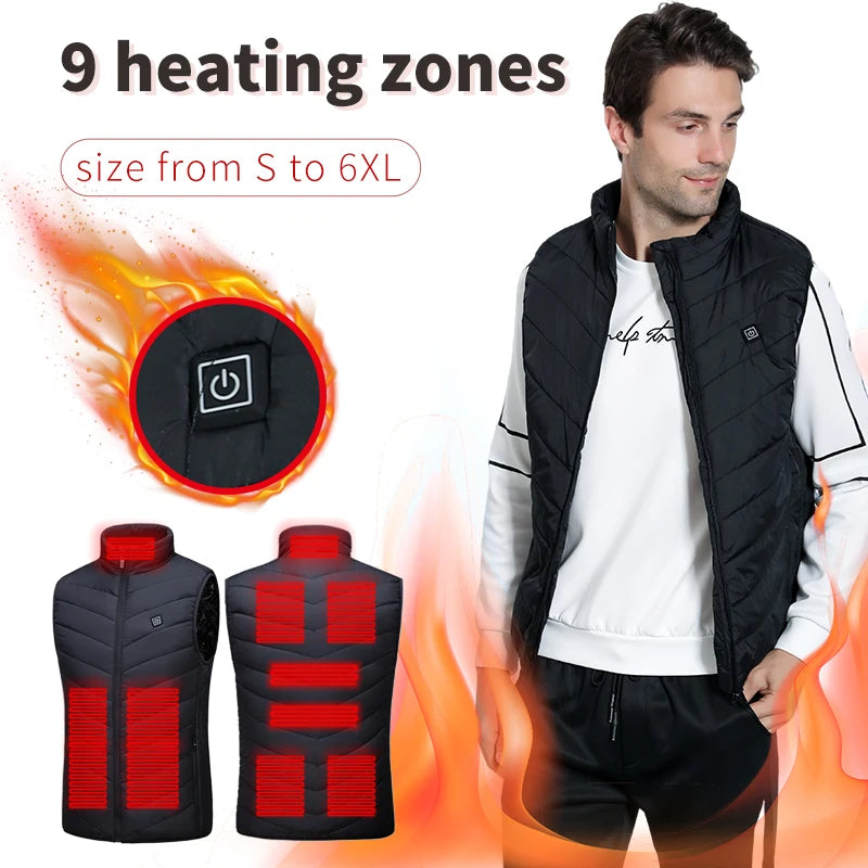 Chaleco térmico calefactable para hombre con 9 zonas calefactables, USB, para invierno, actividades al aire libre, casual, forro térmico, chaleco cálido | Sansoti