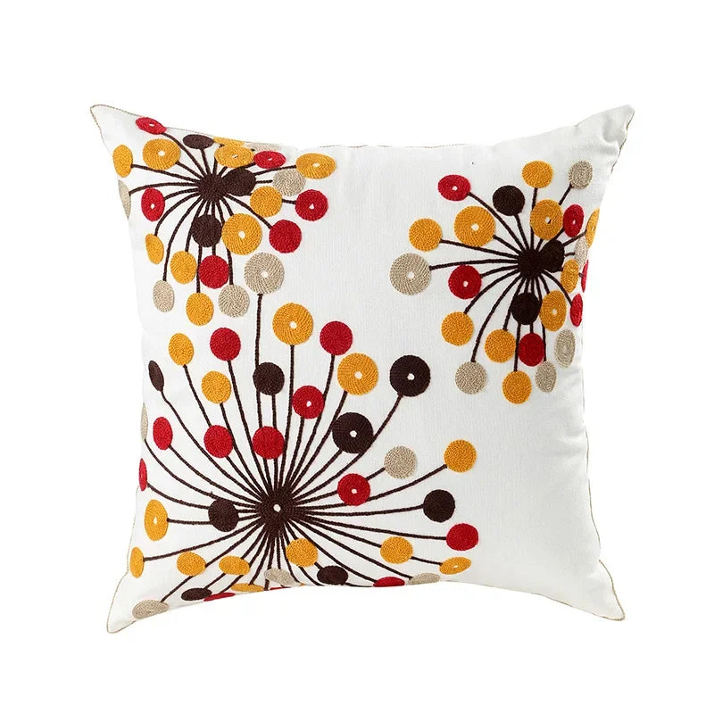Housse de coussin 45x45cm coton canvas brodée fleurs blanche, housse décorative pour canapé ou chambre, style campagne | Sansoti