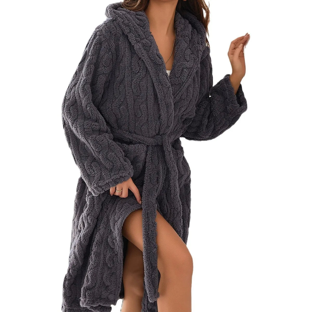 Dames Fleece Badjas met Capuchon Donszacht Loungewear Warm Huisgewaad Lange Mouwen Comfortabel Ochtendjas | Sansoti