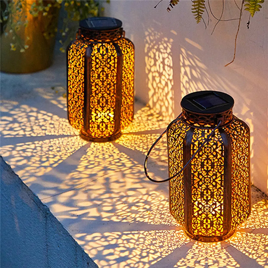 Solar-Powered Art Deco Garden Lantern Metal LED Hanging Lamp Geometric Outdoor Lighting | Sansoti