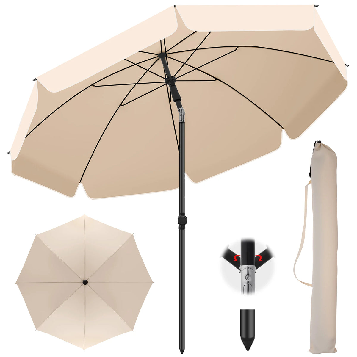 Tilting Outdoor Parasol 200cm UV-Protective with Carry Bag Adjustable Sunshade for Garden Beach Patio Balcony | Sansoti
