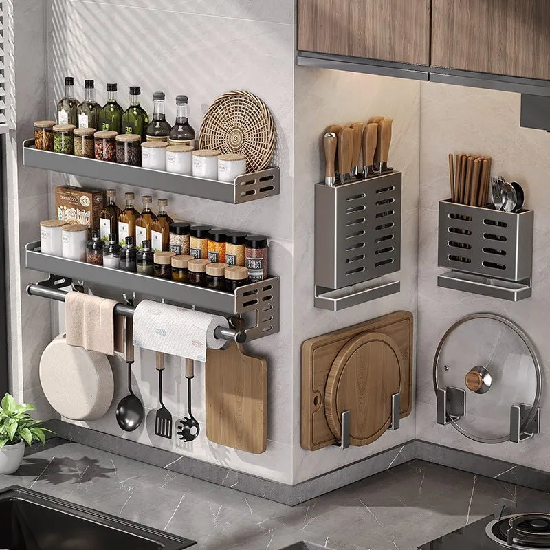 Aluminiowy kuchenny regał ścienny 30–50 cm w kolorze gunmetal, półka na przyprawy bez wiercenia, wieszak, organizer kuchenny, uchwyt na noże do montażu na ścianie | Sansoti