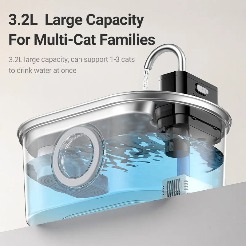 Draadloze Drinkfontein voor Katten RVS 3.2L Met Filter Oplaadbaar Stil Waterdispenser Huisdier Drinkbak | Sansoti