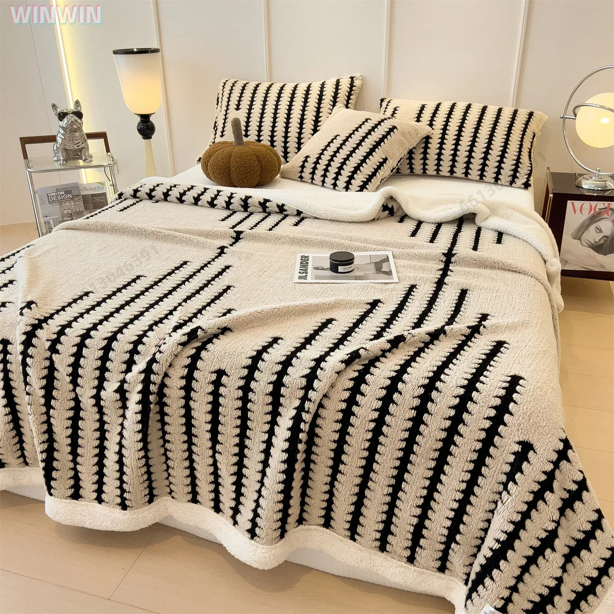 Double-Sided Winter Blanket Fleece Faux Fur Geometric Pattern Heated Blanket Bed Sofa Throw Living Room | Sansoti