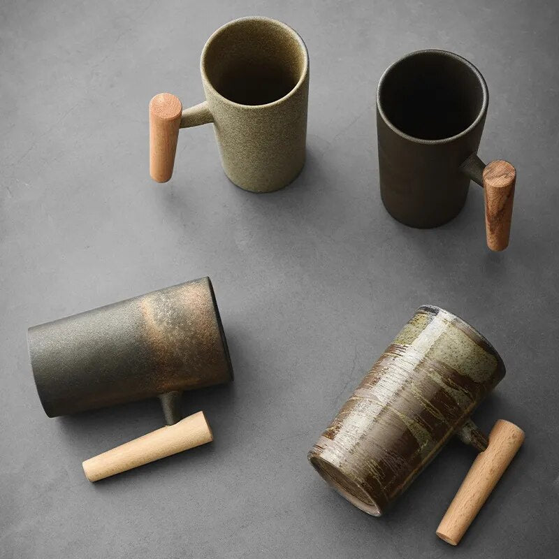 Ceramic Drinking Cup 220ml Earthy Colors Wooden Handle Nature Motifs For Tea Coffee Latte Cappuccino | Sansoti