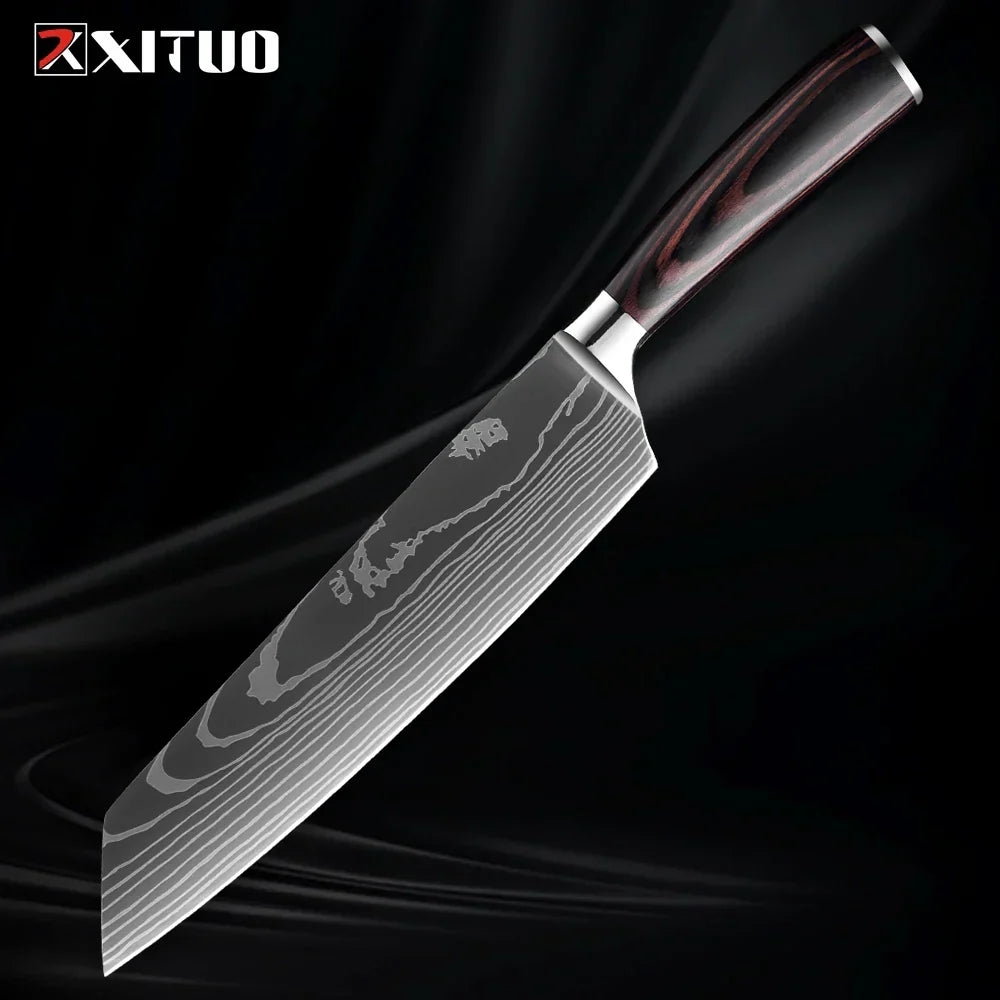 Professioneel Messenset RVS Koksmes Santoku Groentemes Houten Greep Keukengerei 1-9 Delig Keukenmes Set | Sansoti