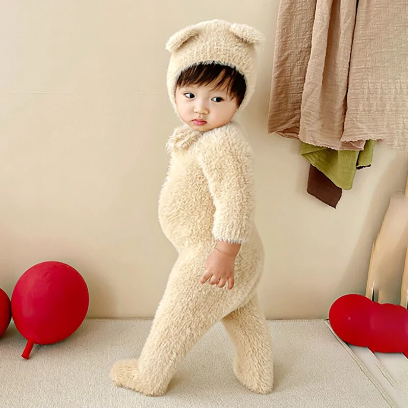 Plush Baby Jumpsuit with Bear Pattern Unisex Winter Clothing for Newborns and Toddlers Warm Soft Overall Baby Clothing | Sansoti