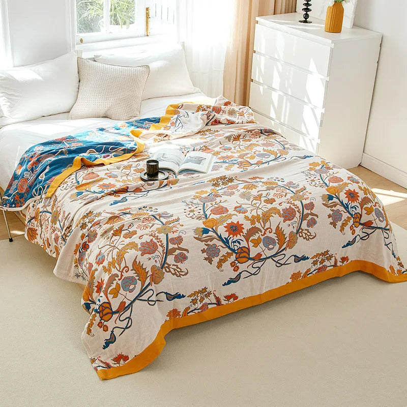 Algodón, manta de verano con estampado floral de hilo teñido, cama doble, estilo rústico, ligera y transpirable | Sansoti