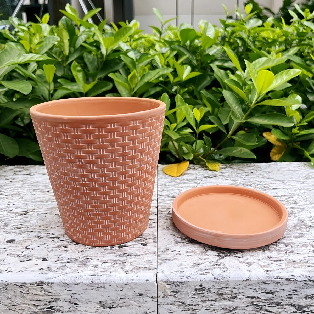 Set of 2 13cm Ceramic Plant Pots with Saucers - Terracotta, with Drainage Holes for Indoor Herbs | Sansoti