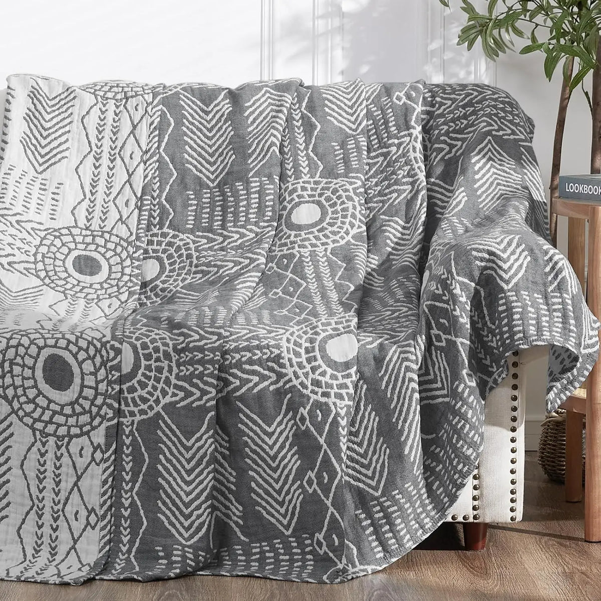 Manta de muselina, manta de algodón de tres capas con estampado geométrico reversible para salón, dormitorio, sofá y cama | Sansoti