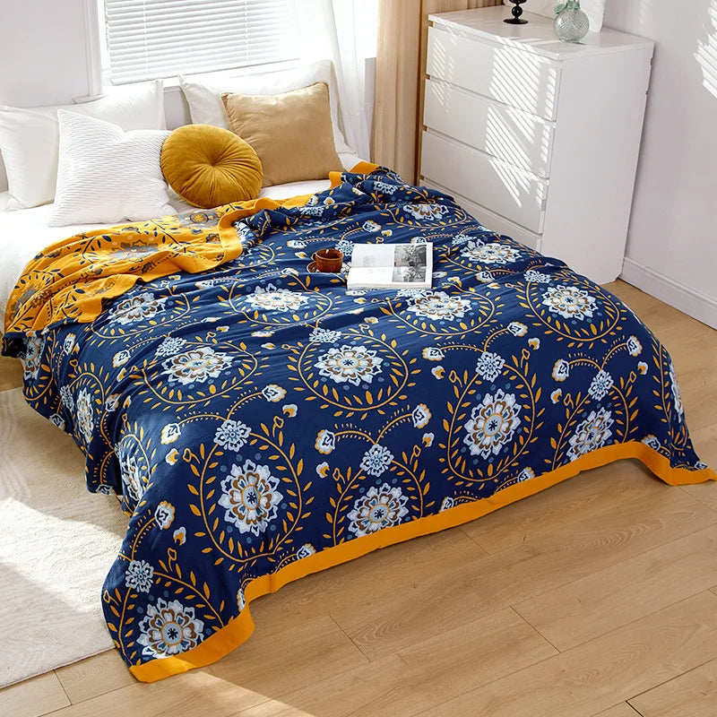 Algodón, manta de verano con estampado floral de hilo teñido, cama doble, estilo rústico, ligera y transpirable | Sansoti