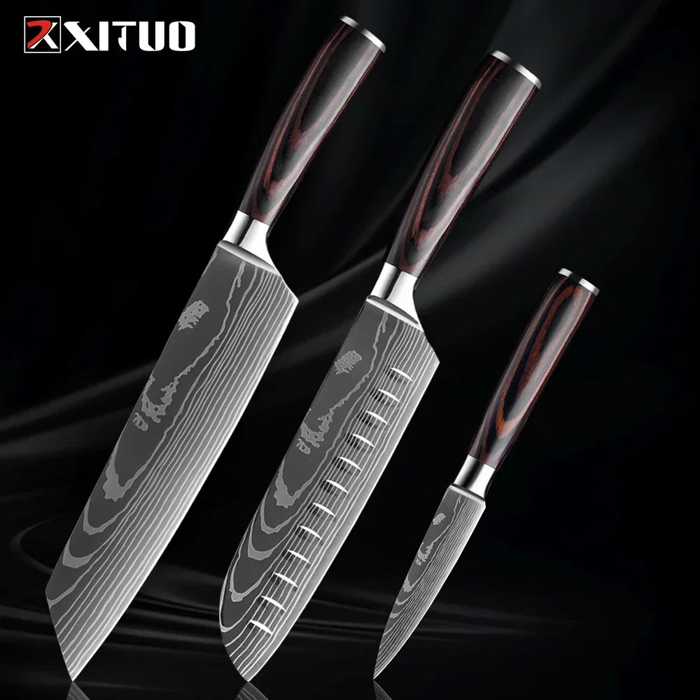 Professioneel Messenset RVS Koksmes Santoku Groentemes Houten Greep Keukengerei 1-9 Delig Keukenmes Set | Sansoti