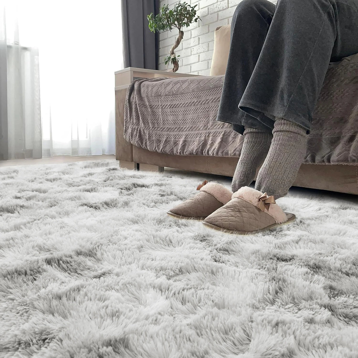 Tapis à poils longs shaggy gris foncé antidérapant et doux pour le salon, la chambre et la chambre de bébé, confortable | Sansoti