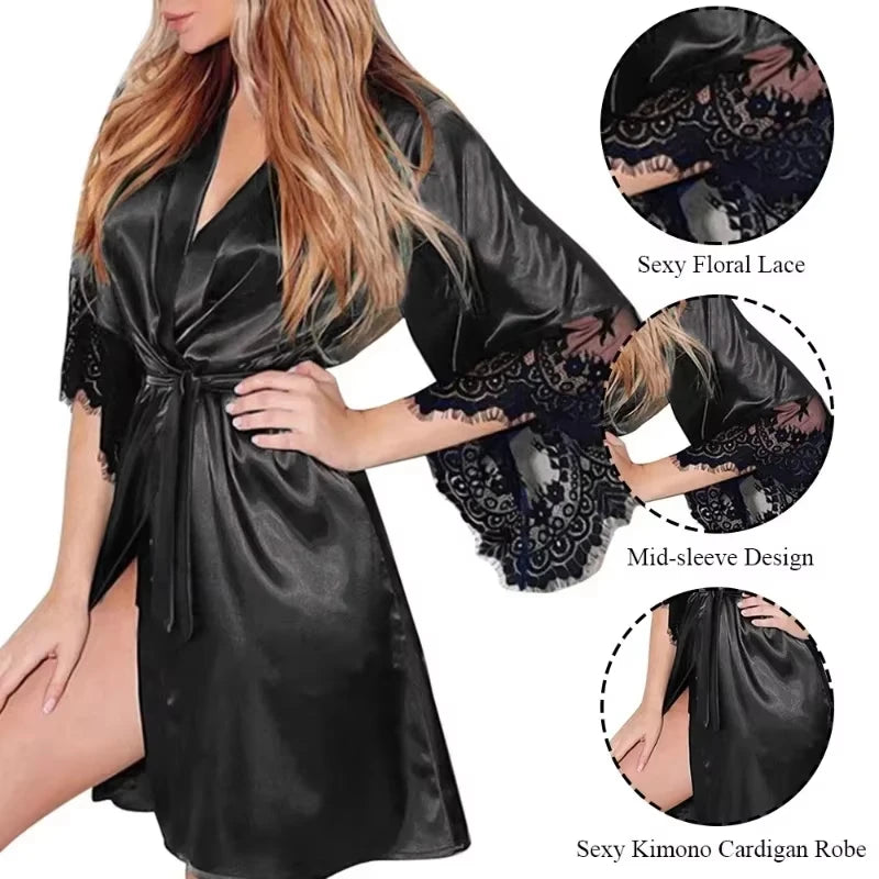 Satijnen Ochtendjas Dames Halflange Mouw Bloemendessin Inclusief String Glanzend Polyester Nachtkleding | Sansoti