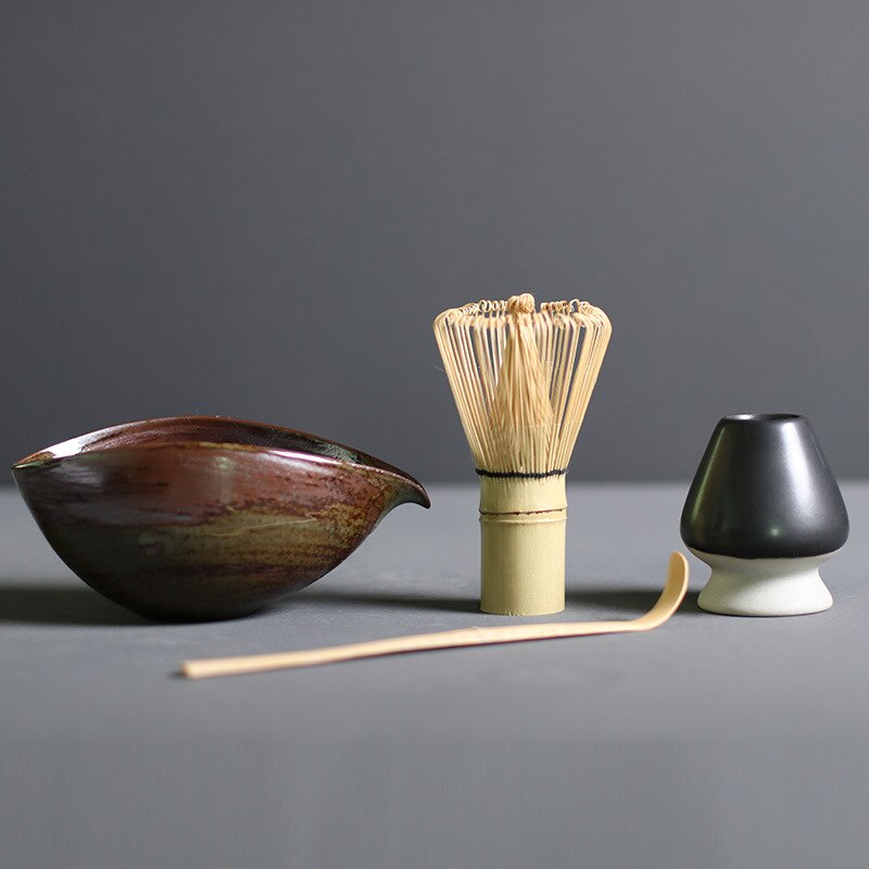 Juego de té matcha japonés de 4 piezas de bambú y cerámica para la ceremonia tradicional, con batidor, cuenco, cuchara y utensilios para el té | Sansoti