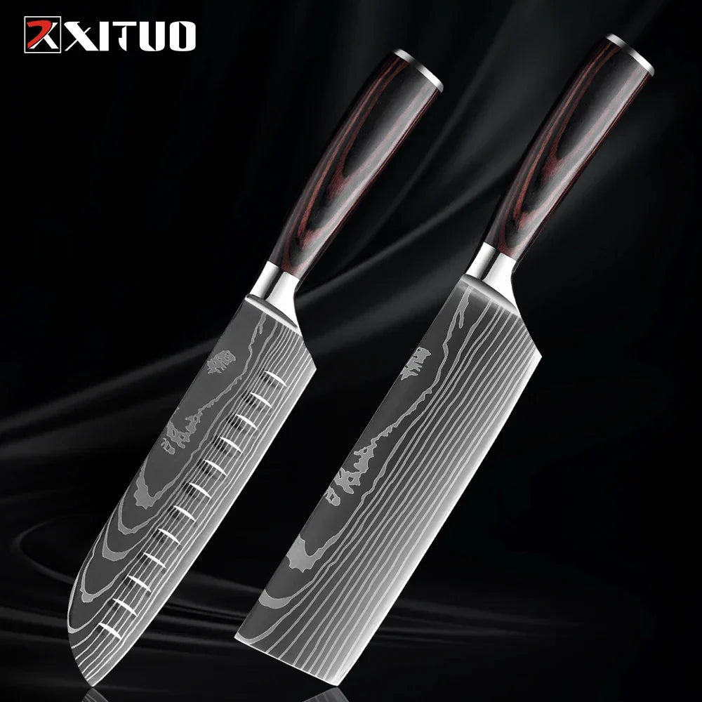 Professioneel Messenset RVS Koksmes Santoku Groentemes Houten Greep Keukengerei 1-9 Delig Keukenmes Set | Sansoti