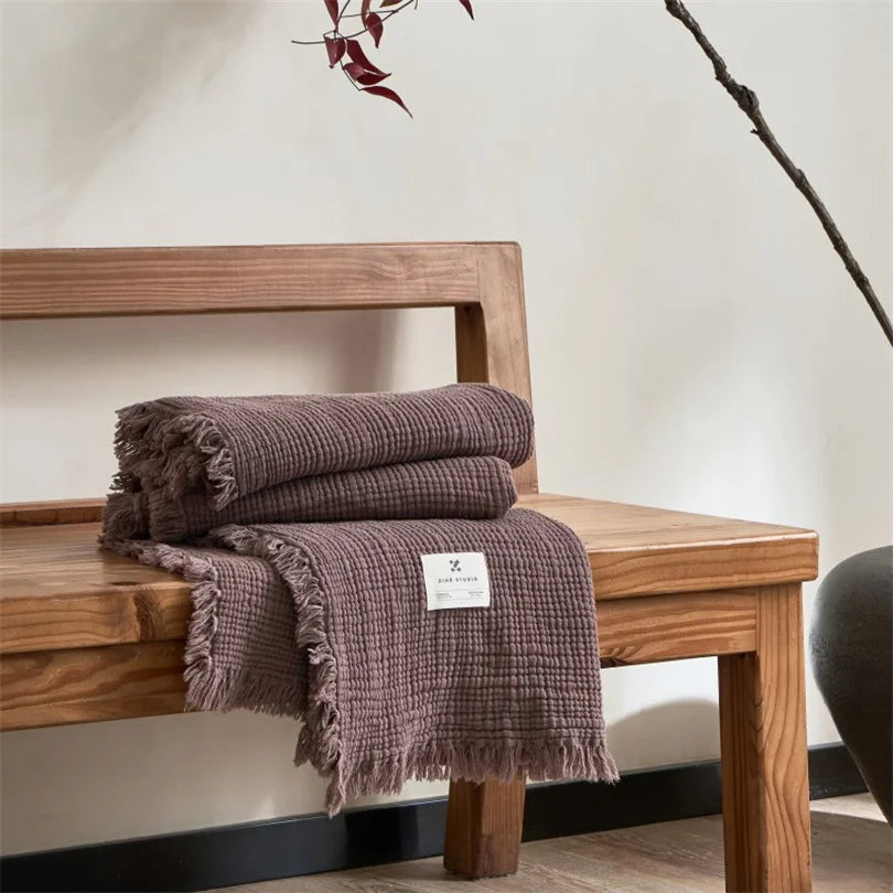 Musselin-Plaid mit Quasten, reine Baumwolle, sechslagig gewebte Decke für Sofa, Bett und Klimaanlage, Wohnzimmer und Schlafzimmer, stilvoll | Sansoti