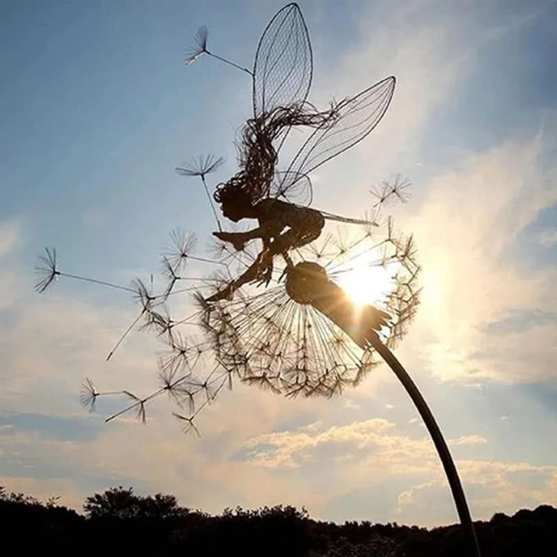 Metalen Feeën Tuinornament met Paardenbloem 60cm Hoogte Decoratief Sculptuur voor Tuin Terras Buitendecoratie | Sansoti