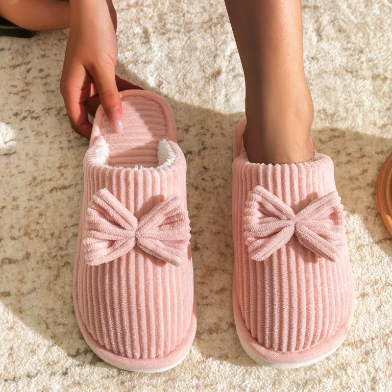 Dames Huisslippers met Strik Ribfluweel Gevoerd Binnenschoenen Winterpantoffels Antislip Warm Comfortabel Slaapkamer | Sansoti