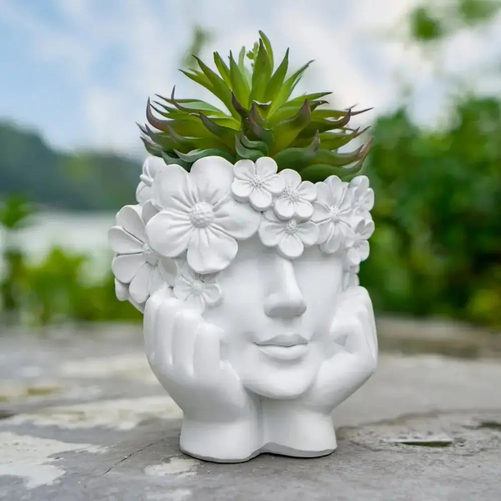 Blumentopf Frauenkopf Harz Weiß 15cm Dekorative Skulptur Wohnzimmer Garten Innen Außen Pflanzenkübel Gesicht | Sansoti