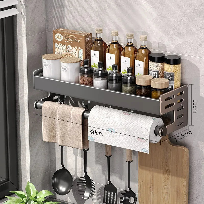 Aluminiowy kuchenny regał ścienny 30–50 cm w kolorze gunmetal, półka na przyprawy bez wiercenia, wieszak, organizer kuchenny, uchwyt na noże do montażu na ścianie | Sansoti
