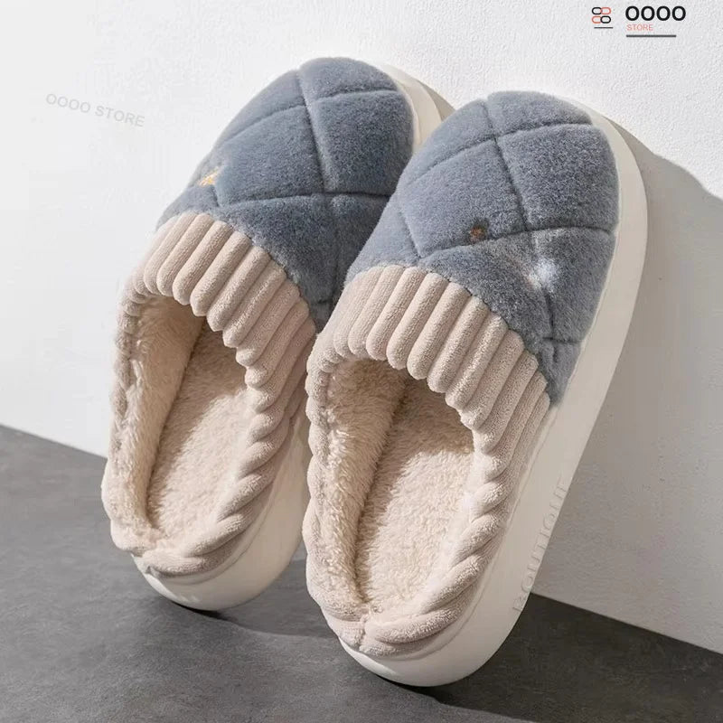 Chaussons d’intérieur en peluche à motif à carreaux, semelle épaisse, unisexes, confortables, doux, chauds et antidérapants | Sansoti