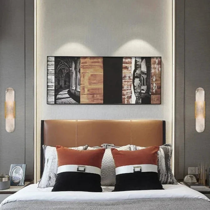 Kinkiet z kamieniem naturalnym i metalowym kloszem, czarno-złoty, 35 cm 50 cm, oświetlenie LED do sypialni, salonu i wnętrz | Sansoti