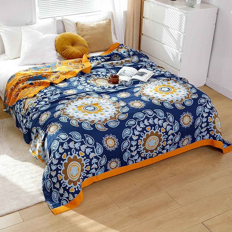 Algodón, manta de verano con estampado floral de hilo teñido, cama doble, estilo rústico, ligera y transpirable | Sansoti