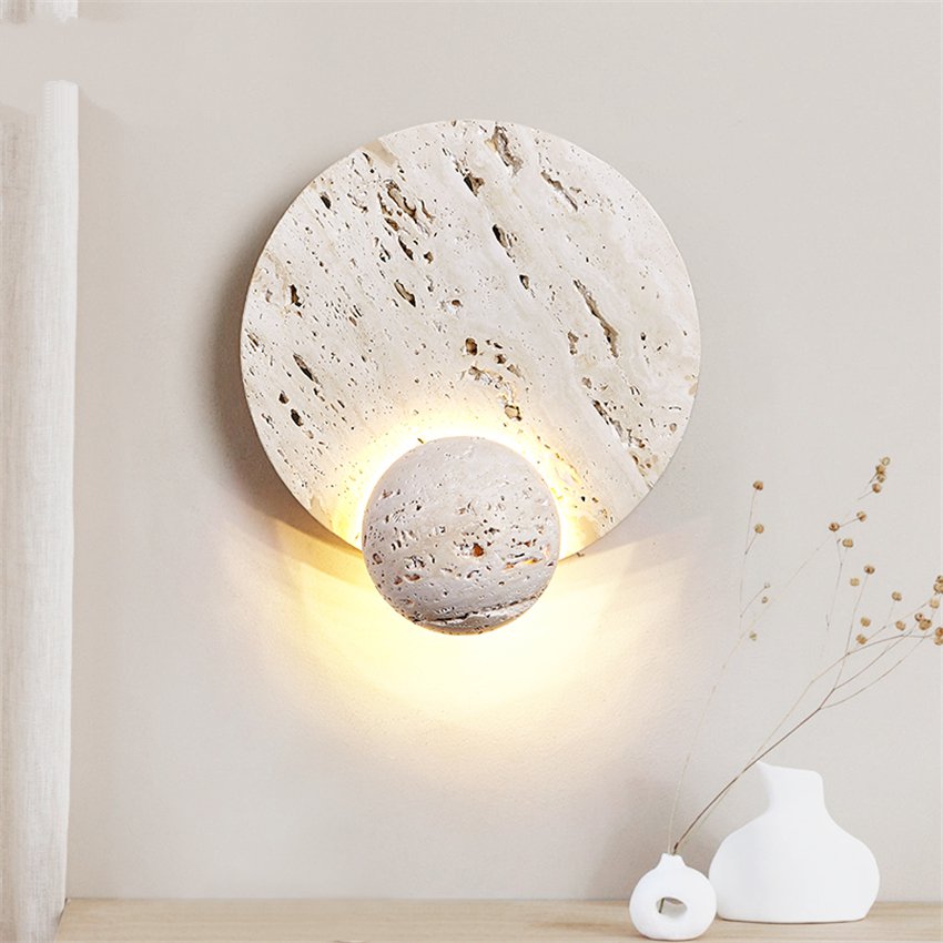 Japandi Wall Lamp Travertine Round Eclipse Globe Warm Light Bedroom Living Room Natural Stone | Sansoti