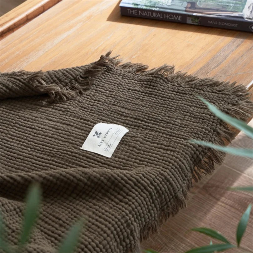 Manta de algodón de 6 capas, suave y transpirable, con flecos, tejida, para cama o sofá, ligera, ideal para el verano, en beige mejillón | Sansoti