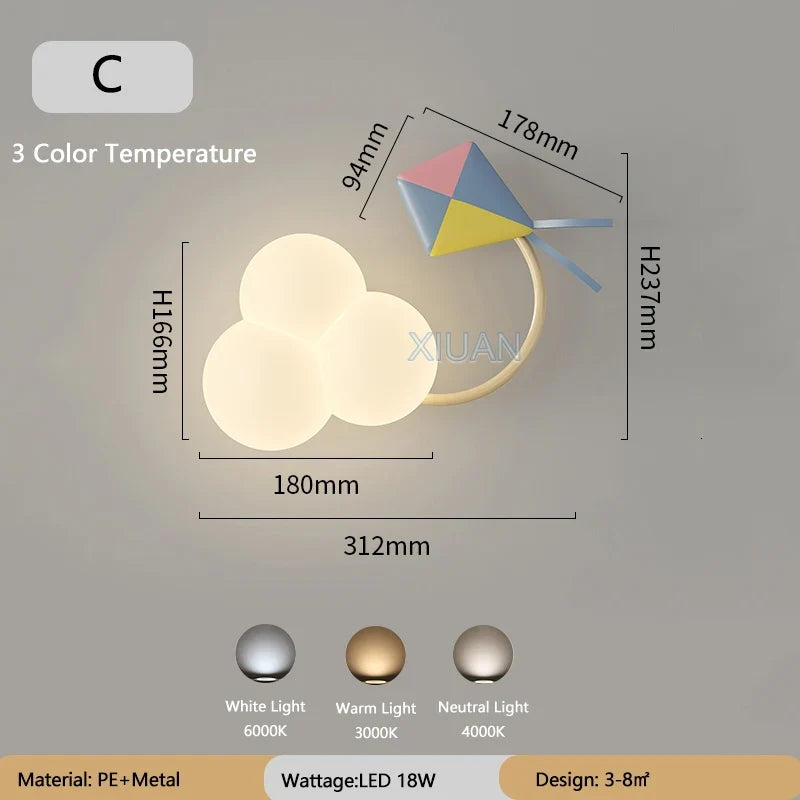 LED Wall Light for Children's Room with Airplane Cloud Rainbow Star Motif Three Light Temperatures Dimmable Ambient Light | Sansoti