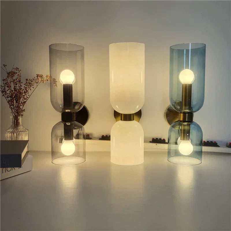 Aplique de vidrio dorado con doble pantalla, 35cm, E14, para recibidor, salón y dormitorio, moderno y elegante | Sansoti