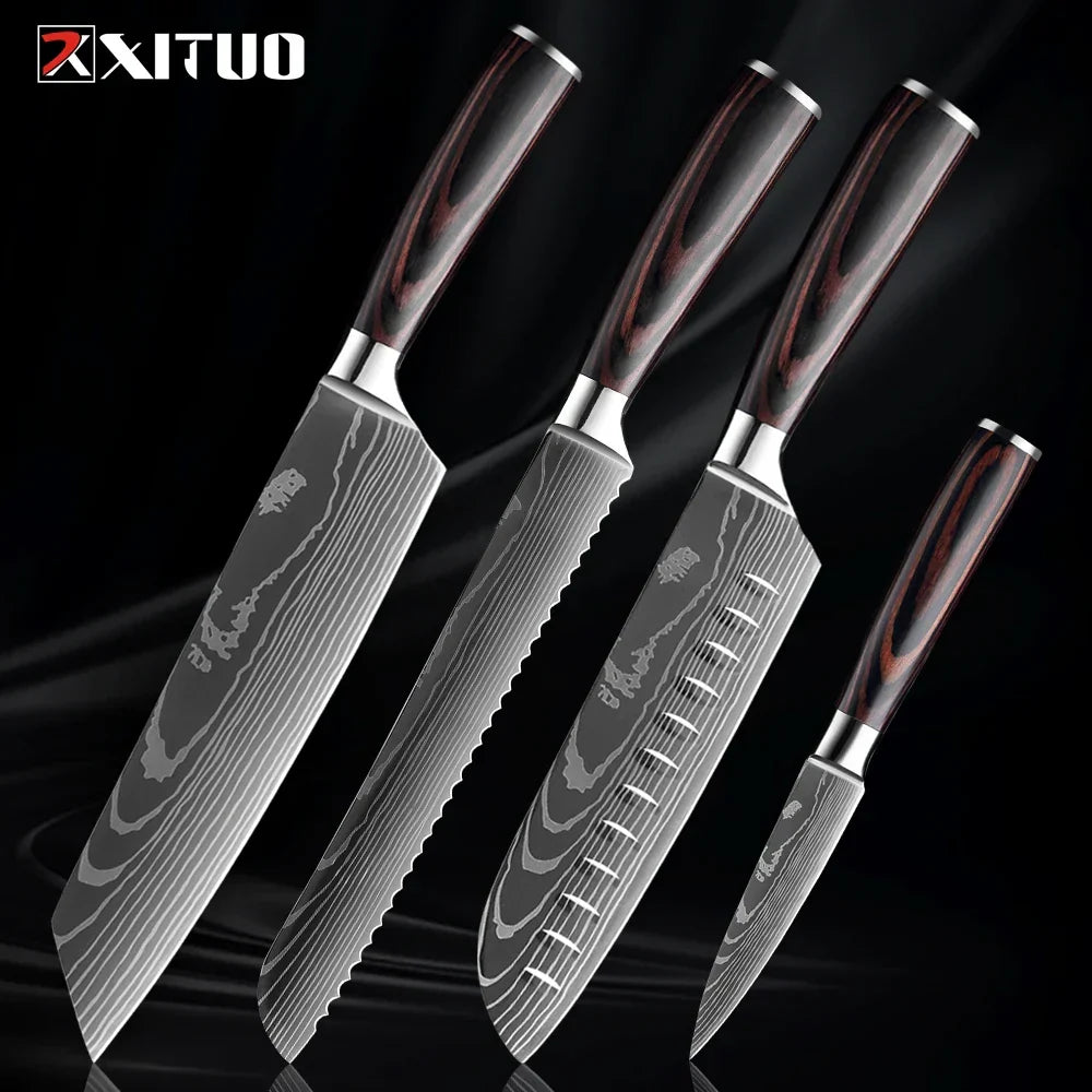 Professioneel Messenset RVS Koksmes Santoku Groentemes Houten Greep Keukengerei 1-9 Delig Keukenmes Set | Sansoti