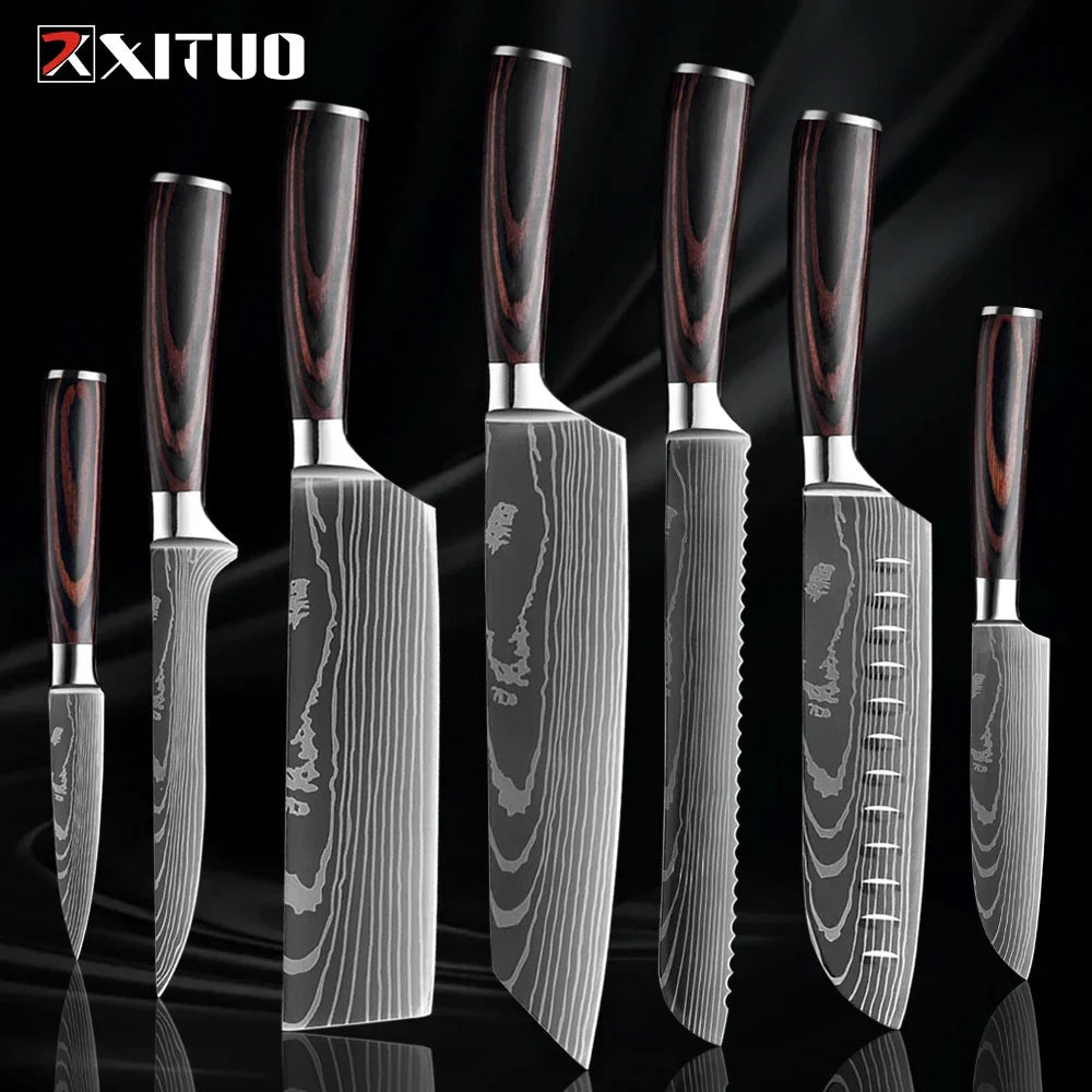 Professioneel Messenset RVS Koksmes Santoku Groentemes Houten Greep Keukengerei 1-9 Delig Keukenmes Set | Sansoti