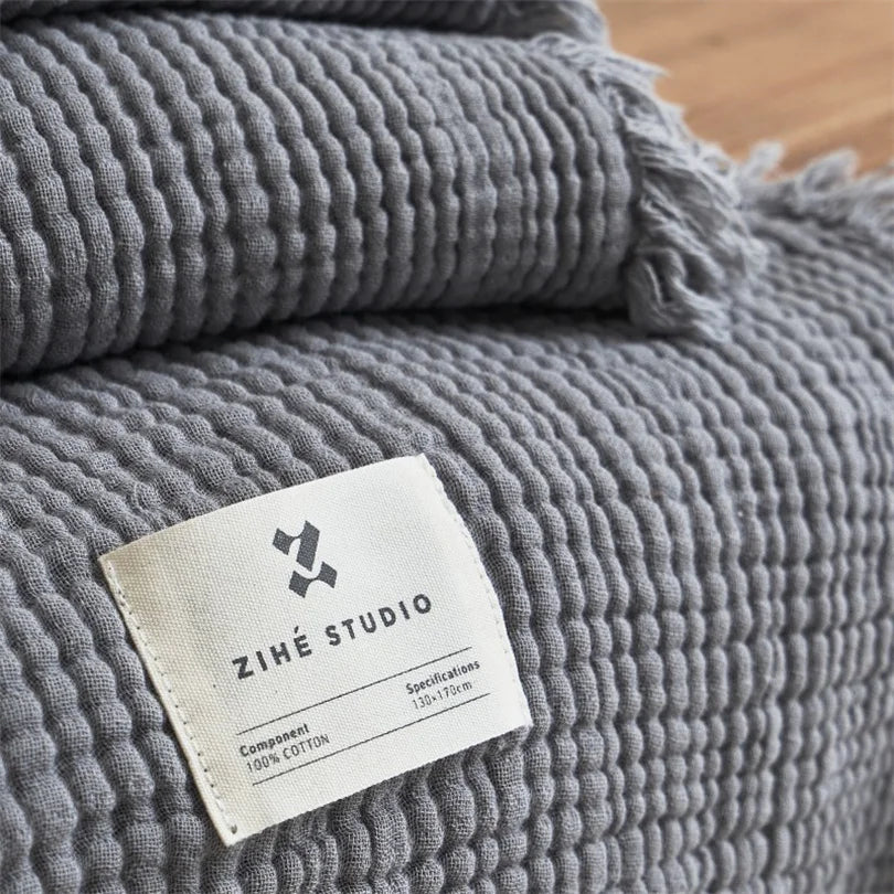 Musselin-Plaid mit Quasten, reine Baumwolle, sechslagig gewebte Decke für Sofa, Bett und Klimaanlage, Wohnzimmer und Schlafzimmer, stilvoll | Sansoti