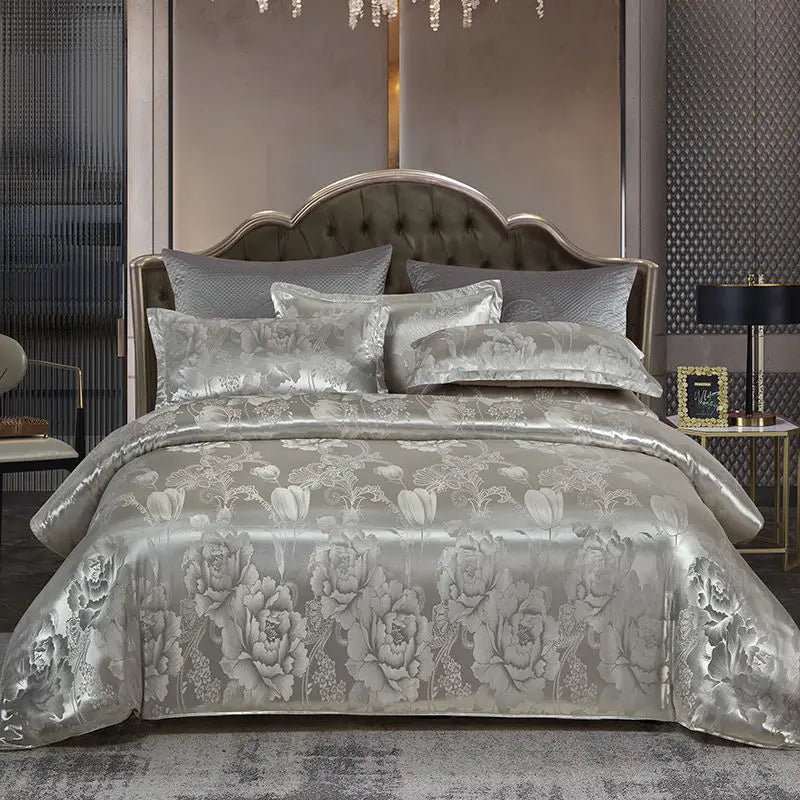 Satijnen Jacquard-Bettbezug-Set 220x240 für zwei Personen, Sommerbettwäsche, luxuriöser Bettbezug für das Schlafzimmer | Sansoti