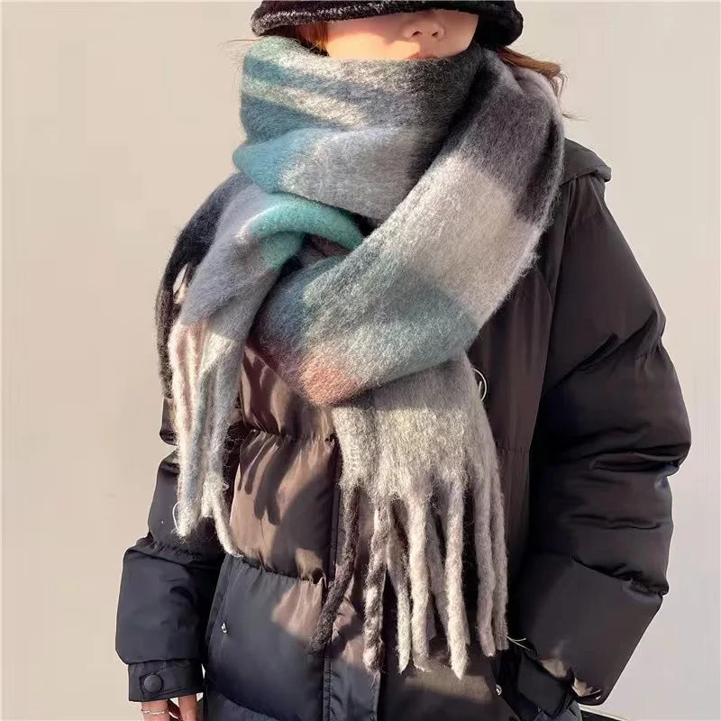 Wintersjaal met Verloop Groot Formaat Dik Geweven Warme Omslagdoek Franjes Zachte Sjaal Dames 7 Kleuren | Sansoti